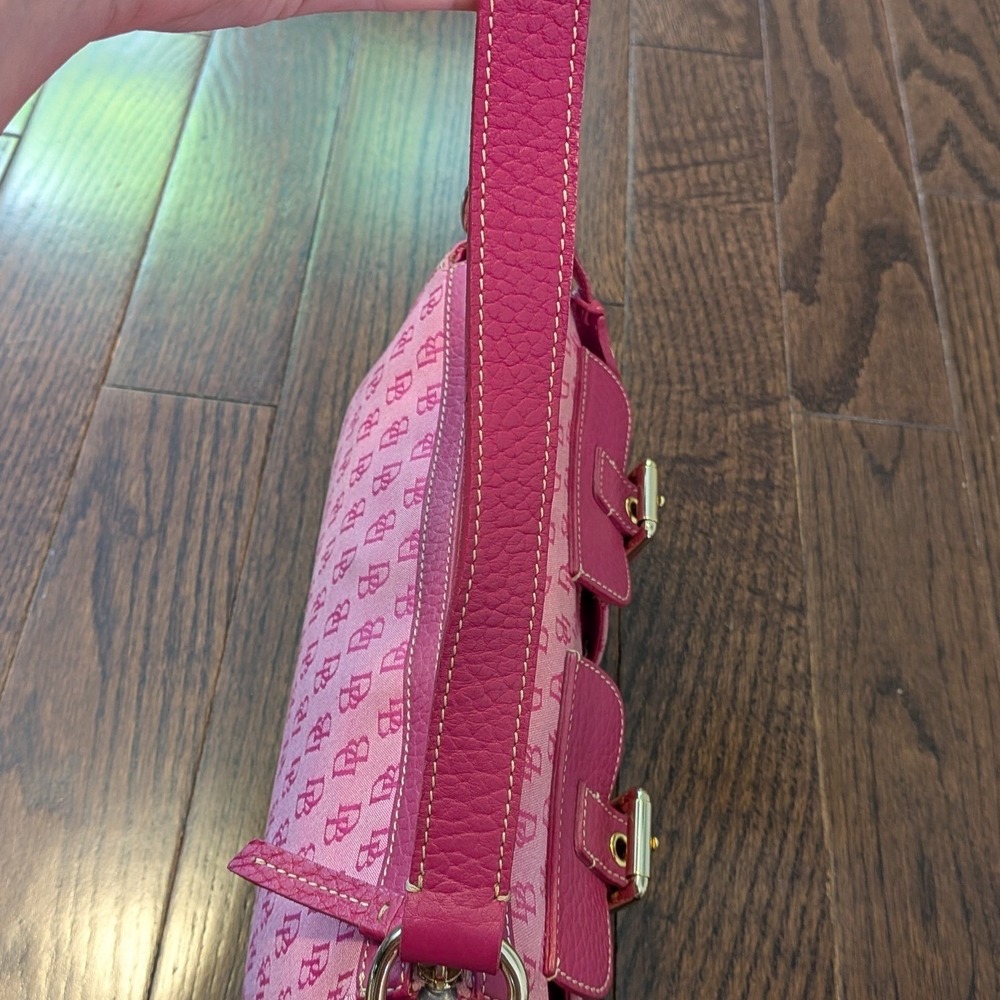 Vintage Dooney & Bourke Pink Y2K DB Monogram Canvas Leather Buckle Shoulder Bag - Picture 13 of 16